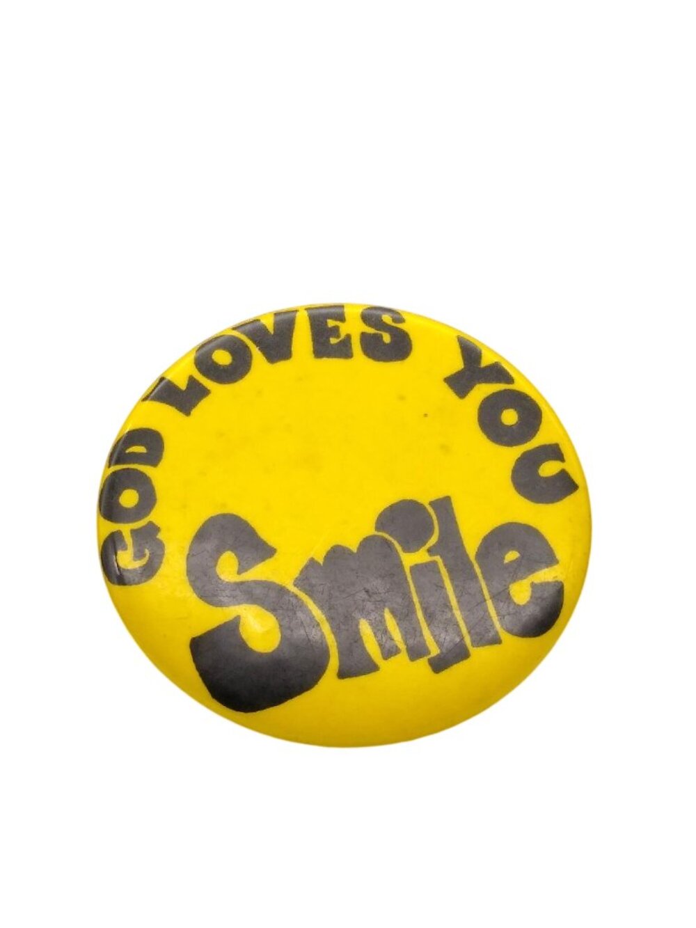 Vintage Smile God Loves You Pinback, Collectible Yellow Pin from Fargo Rubber